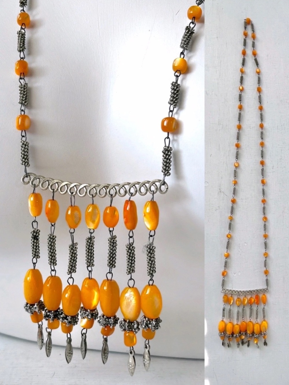 VTG Egyptian Revival Flapper Necklace w Twisted Silver Metal Beaded Glass Fringe